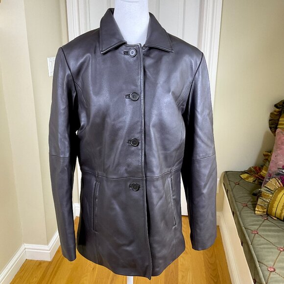 Y2K Leather Jacket Brown Quilted Interior Button Front Mid Length Excelled (~L) - Picture 1 of 8